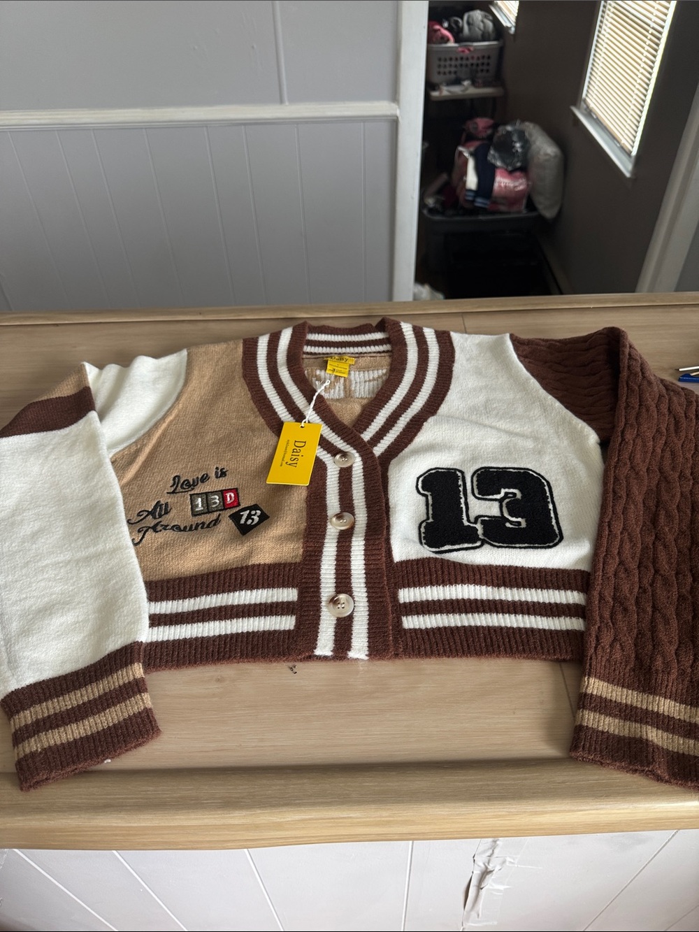 Daisy Brown & Cream Cropped Varsity Cardigan with Patch Details